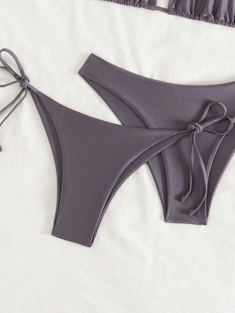3 Parça Halter Üst + Üçgen Alt + Bağcıklı Şort Bikini Takımı