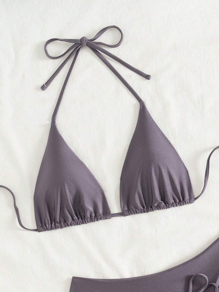 3 Parça Halter Üst + Üçgen Alt + Bağcıklı Şort Bikini Takımı