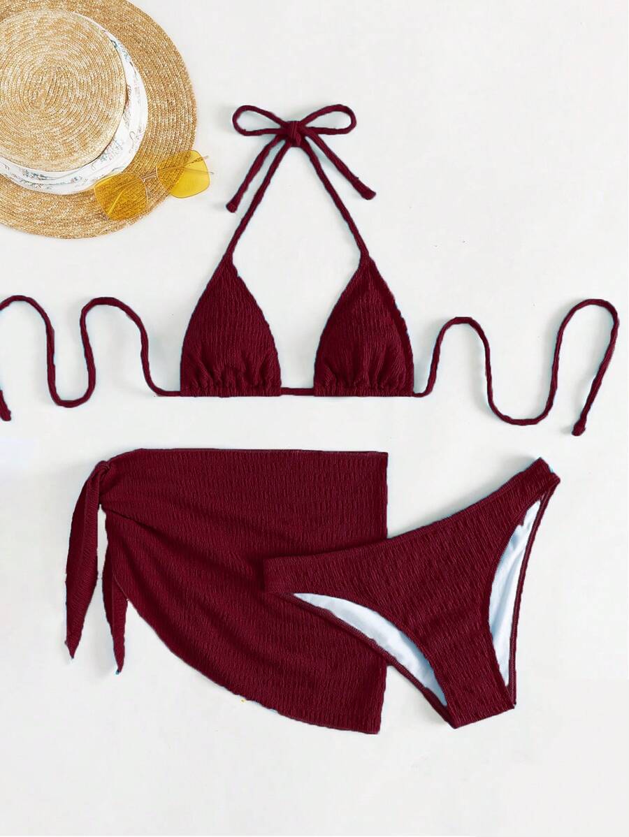 3 Parça Bikini Ve Düğümlü Mini Etek Takımı
