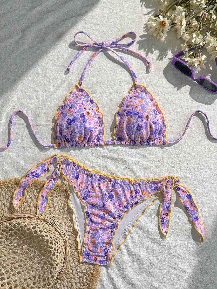 Çiçekli Dantel Pileli Bikini Takımı