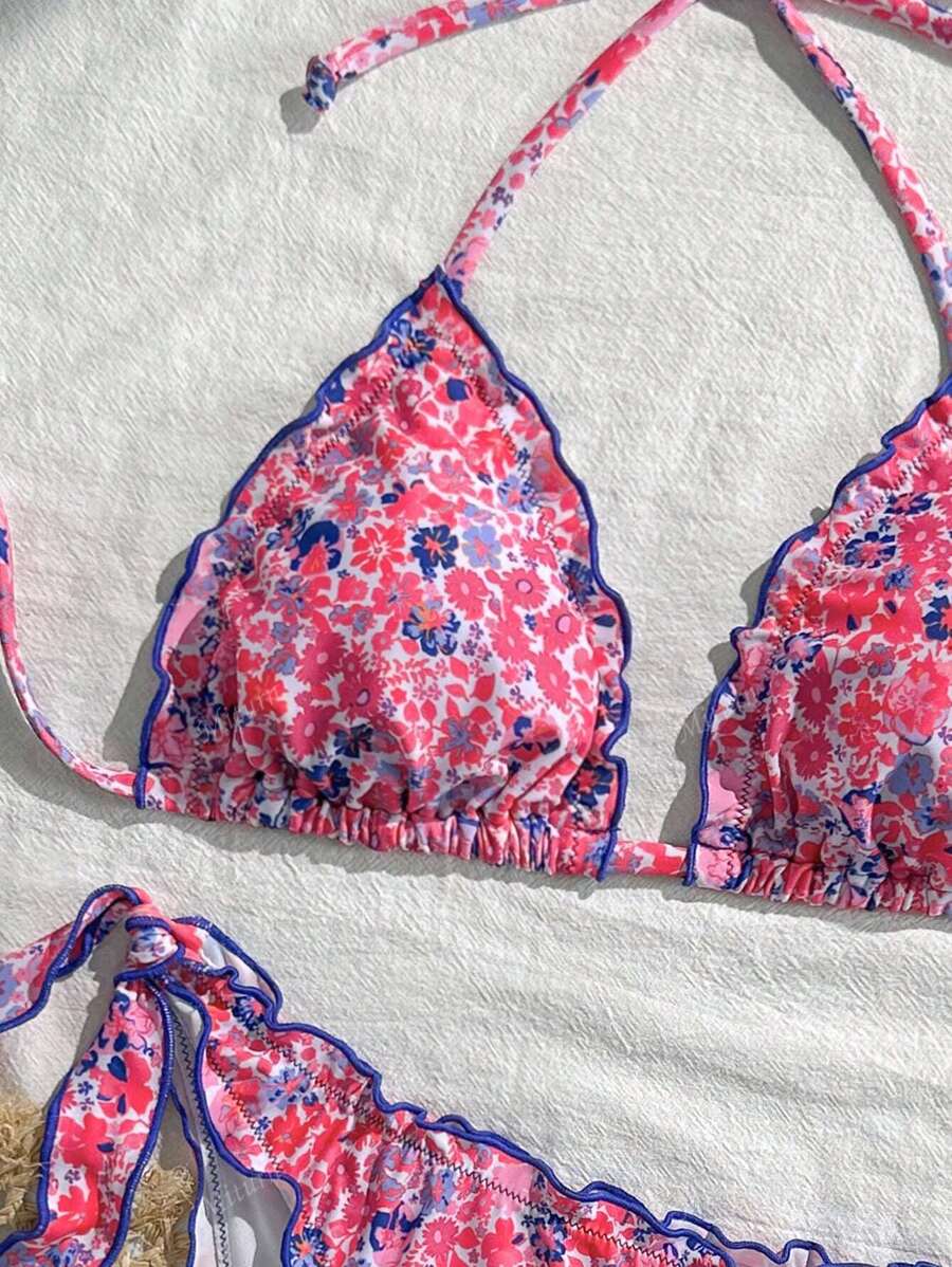 Çiçekli Dantel Pileli Bikini Takımı