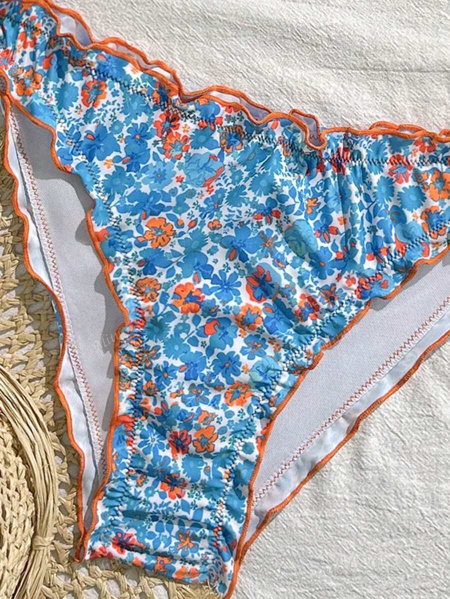 Çiçekli Dantel Pileli Bikini Takımı