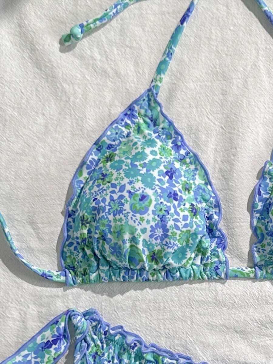 Çiçekli Dantel Pileli Bikini Takımı