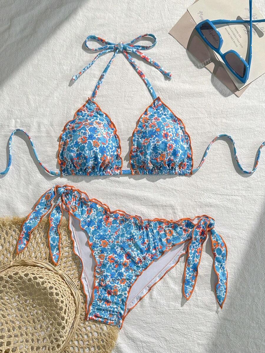 Çiçekli Dantel Pileli Bikini Takımı