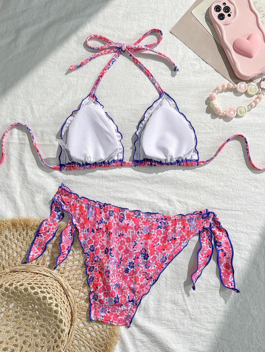 Çiçekli Dantel Pileli Bikini Takımı