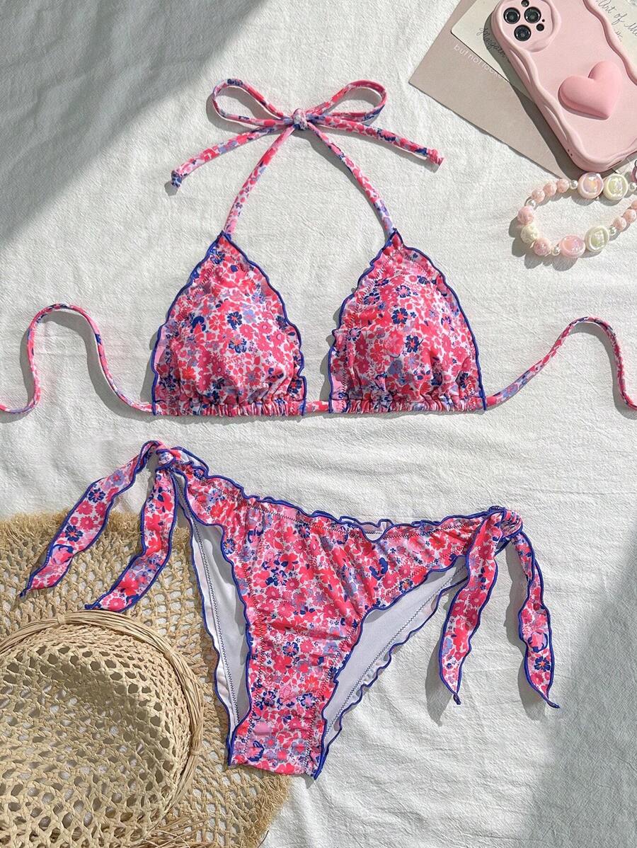 Çiçekli Dantel Pileli Bikini Takımı