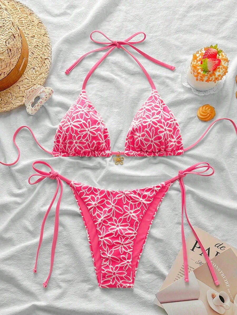 Çiçek Desenli Boyundan Bağlamalı Bikini Ve Bağcıklı Bikini Altı Takımı