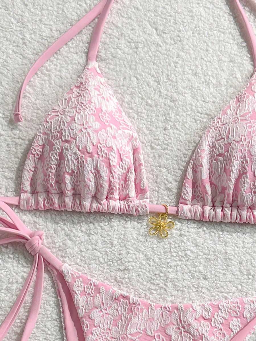 Çiçek Desenli Boyundan Bağlamalı Bikini Ve Bağcıklı Bikini Altı Takımı