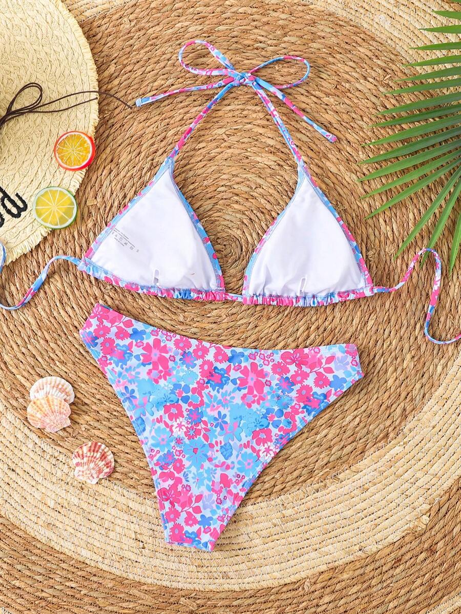Çiçek Desenli Halter Bağcıklı Bikini Takımı