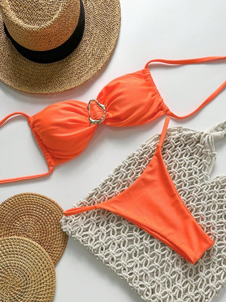 Pembe Straplez Bağcıklı Metal Detaylı Bikini Takımı