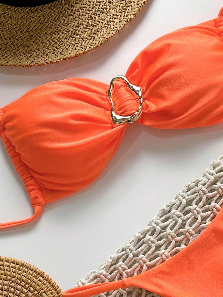 Pembe Straplez Bağcıklı Metal Detaylı Bikini Takımı