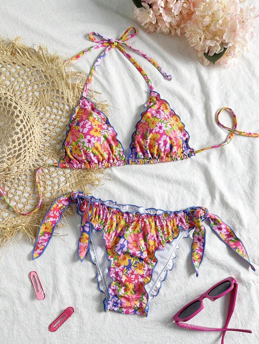 Çiçekli Dantel Pileli Bikini Takımı