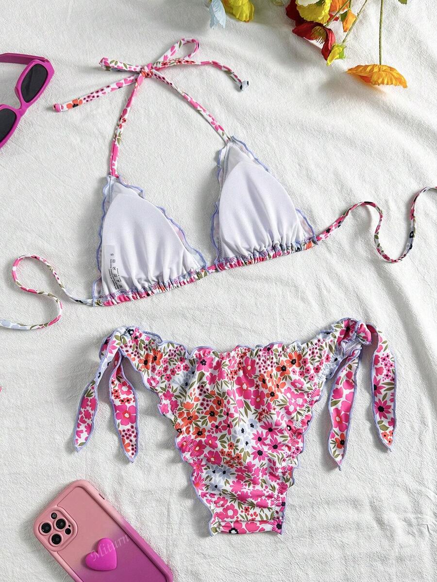 Çiçekli Dantel Pileli Bikini Takımı