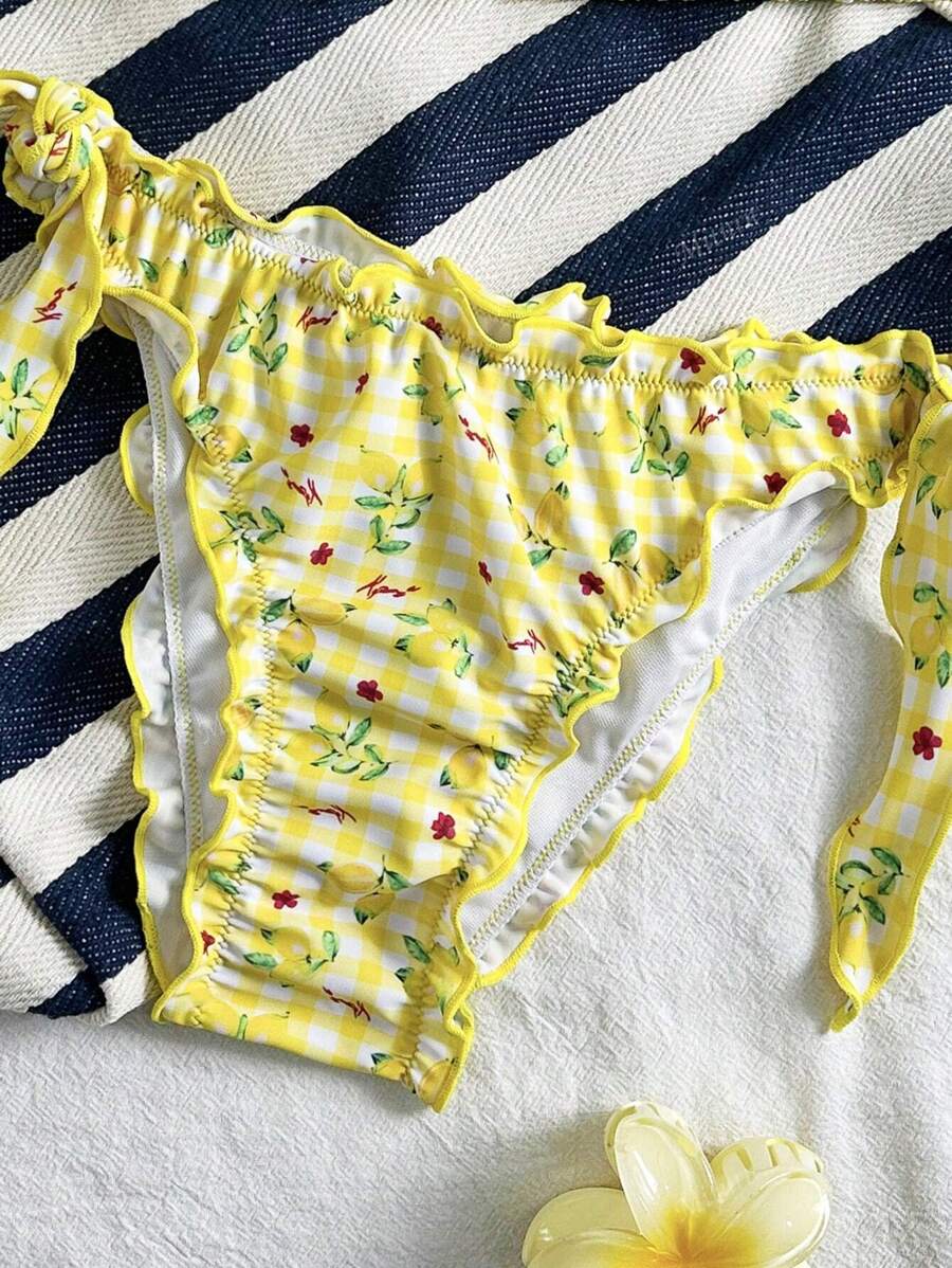 Çiçekli Dantel Pileli Bikini Takımı
