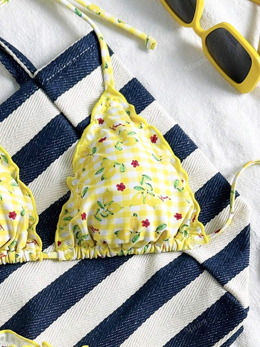 Çiçekli Dantel Pileli Bikini Takımı