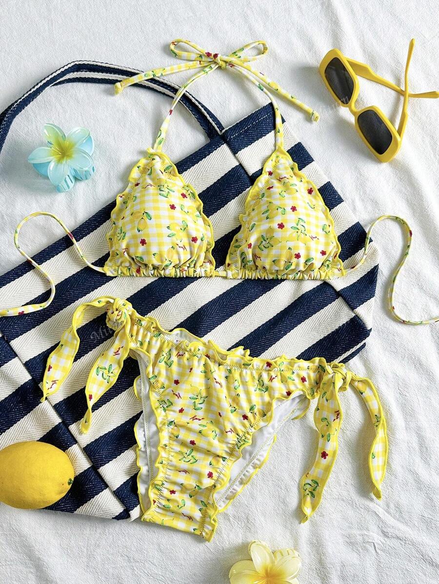 Çiçekli Dantel Pileli Bikini Takımı