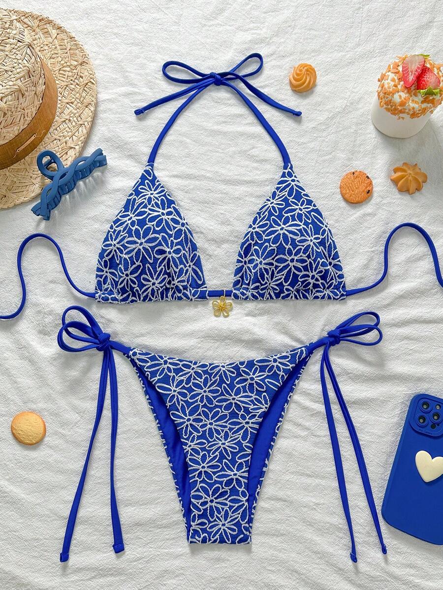 Çiçek Desenli Boyundan Bağlamalı Bikini Ve Bağcıklı Bikini Altı Takımı