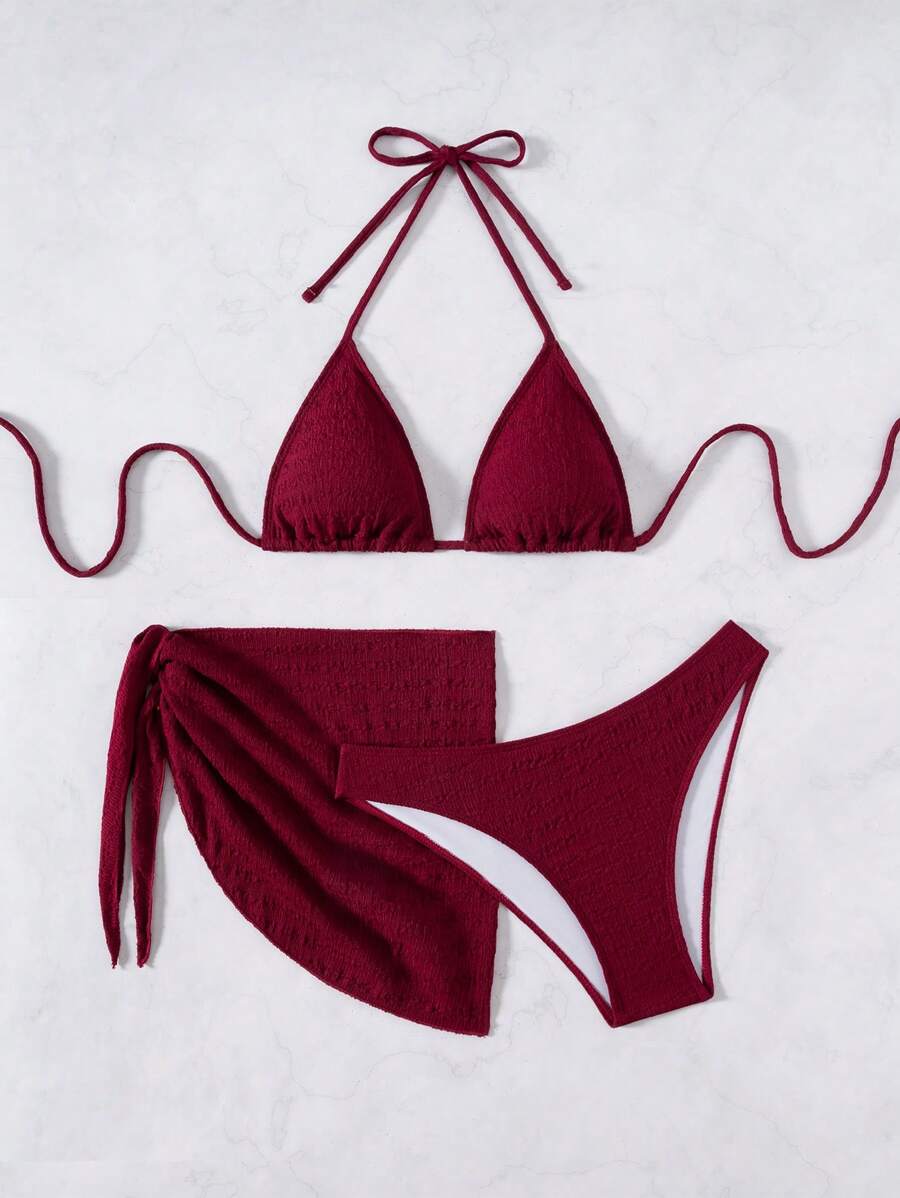 3 Parça Bikini Ve Düğümlü Mini Etek Takımı