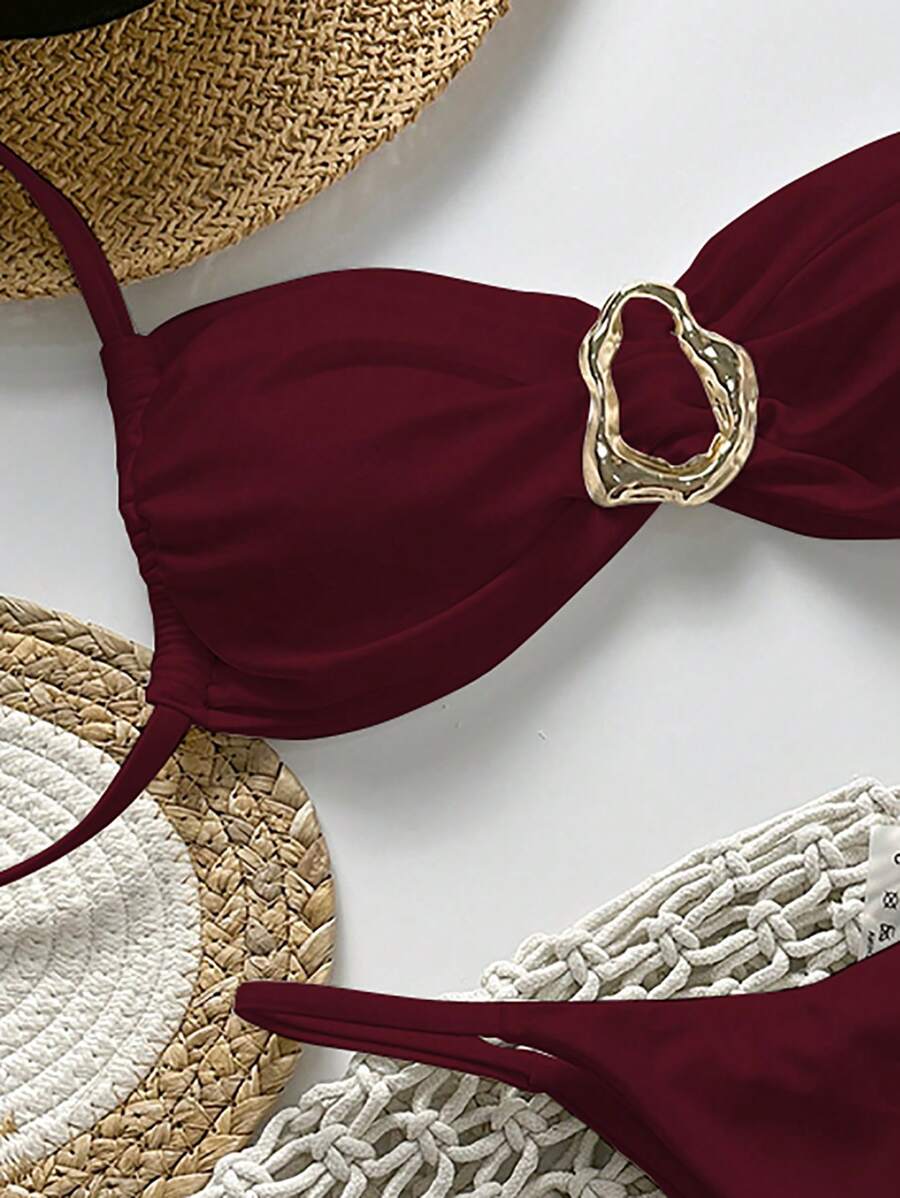 Pembe Straplez Bağcıklı Metal Detaylı Bikini Takımı