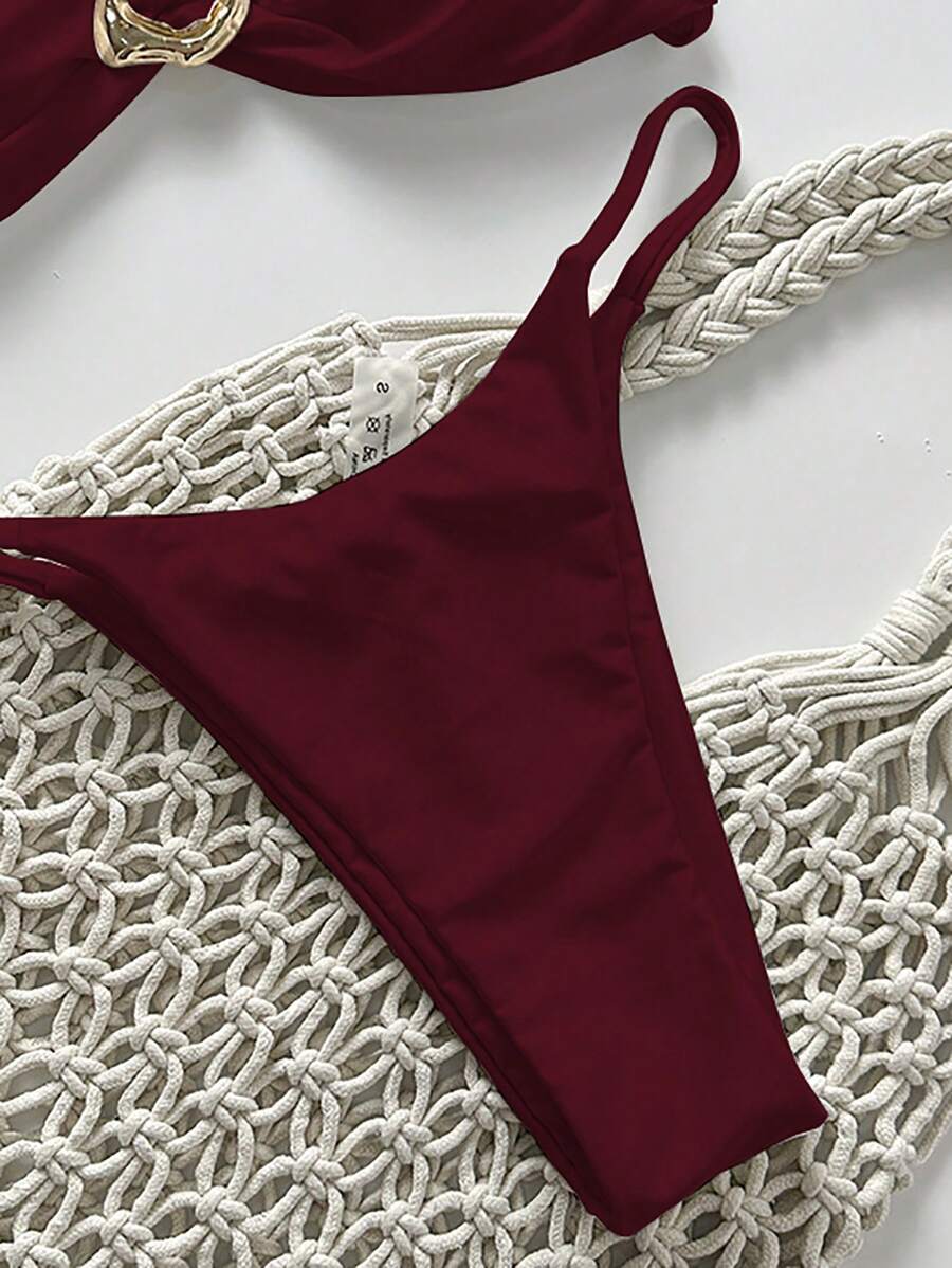 Pembe Straplez Bağcıklı Metal Detaylı Bikini Takımı