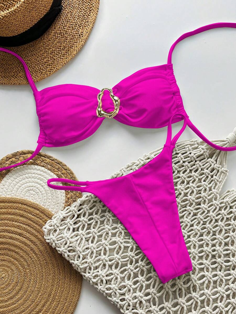 Pembe Straplez Bağcıklı Metal Detaylı Bikini Takımı
