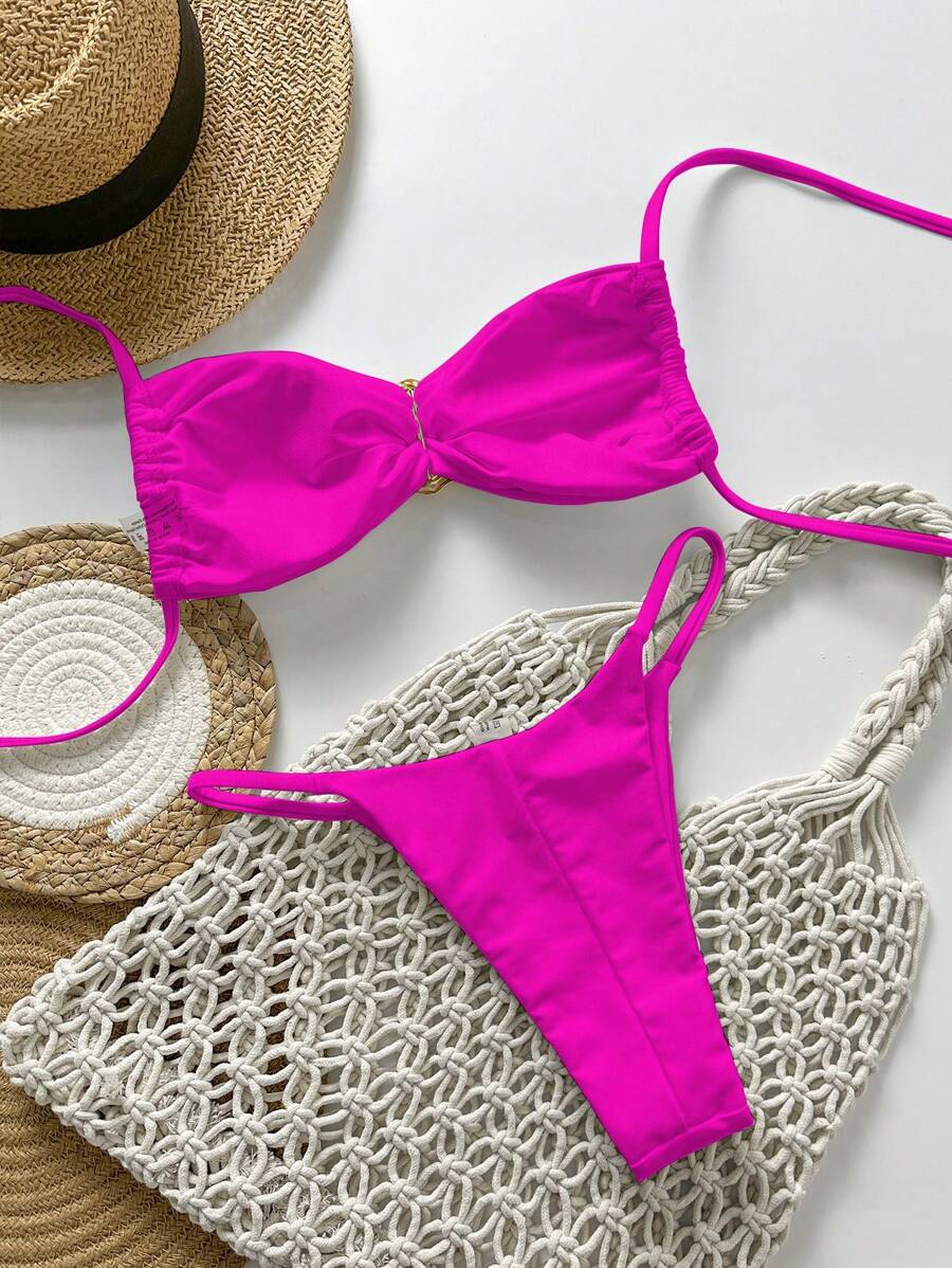 Pembe Straplez Bağcıklı Metal Detaylı Bikini Takımı