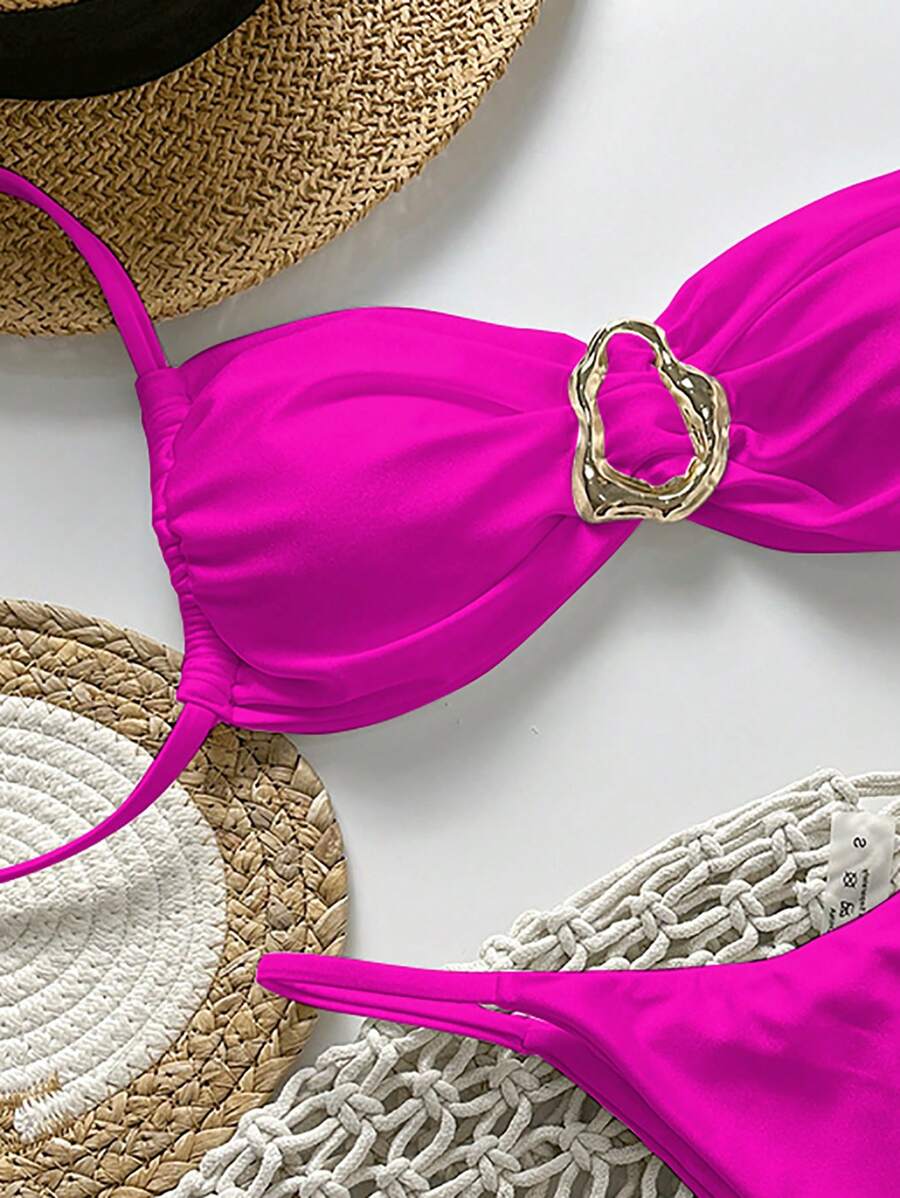 Pembe Straplez Bağcıklı Metal Detaylı Bikini Takımı