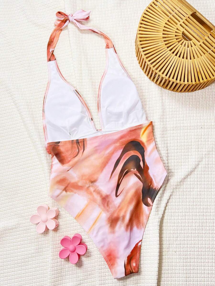 Halter Yaka Sade Tek Parça Mayo
