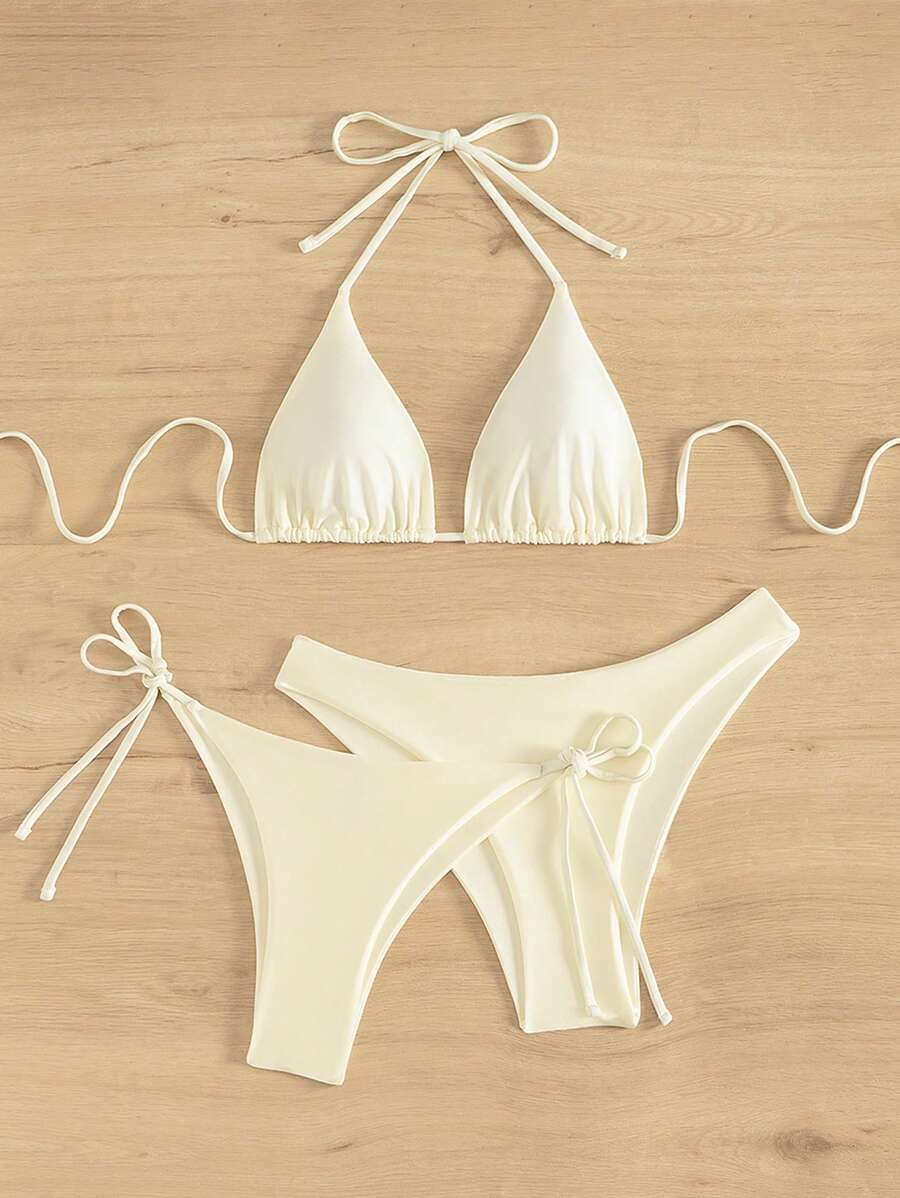 3 Parça Halter Üst + Üçgen Alt + Bağcıklı Şort Bikini Takımı
