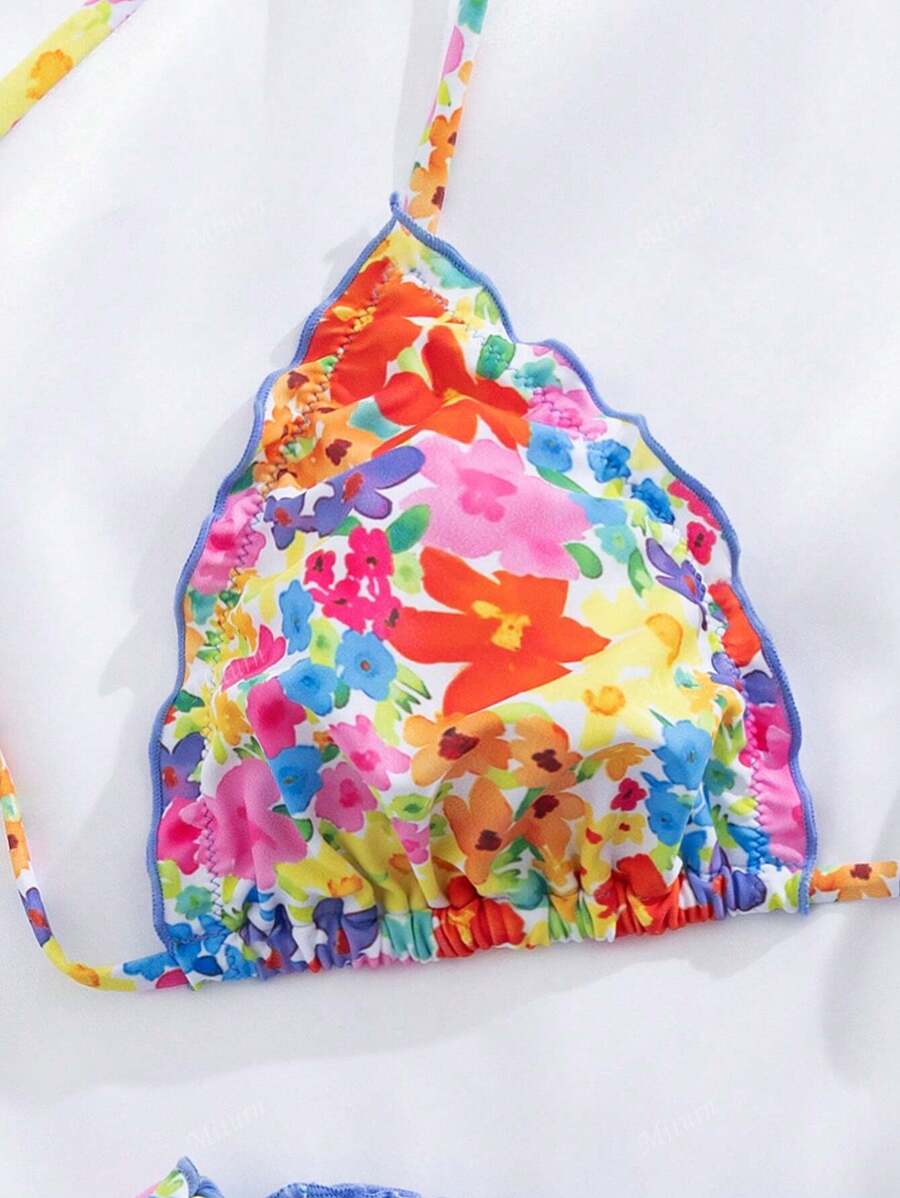 Çiçekli Dantel Pileli Bikini Takımı