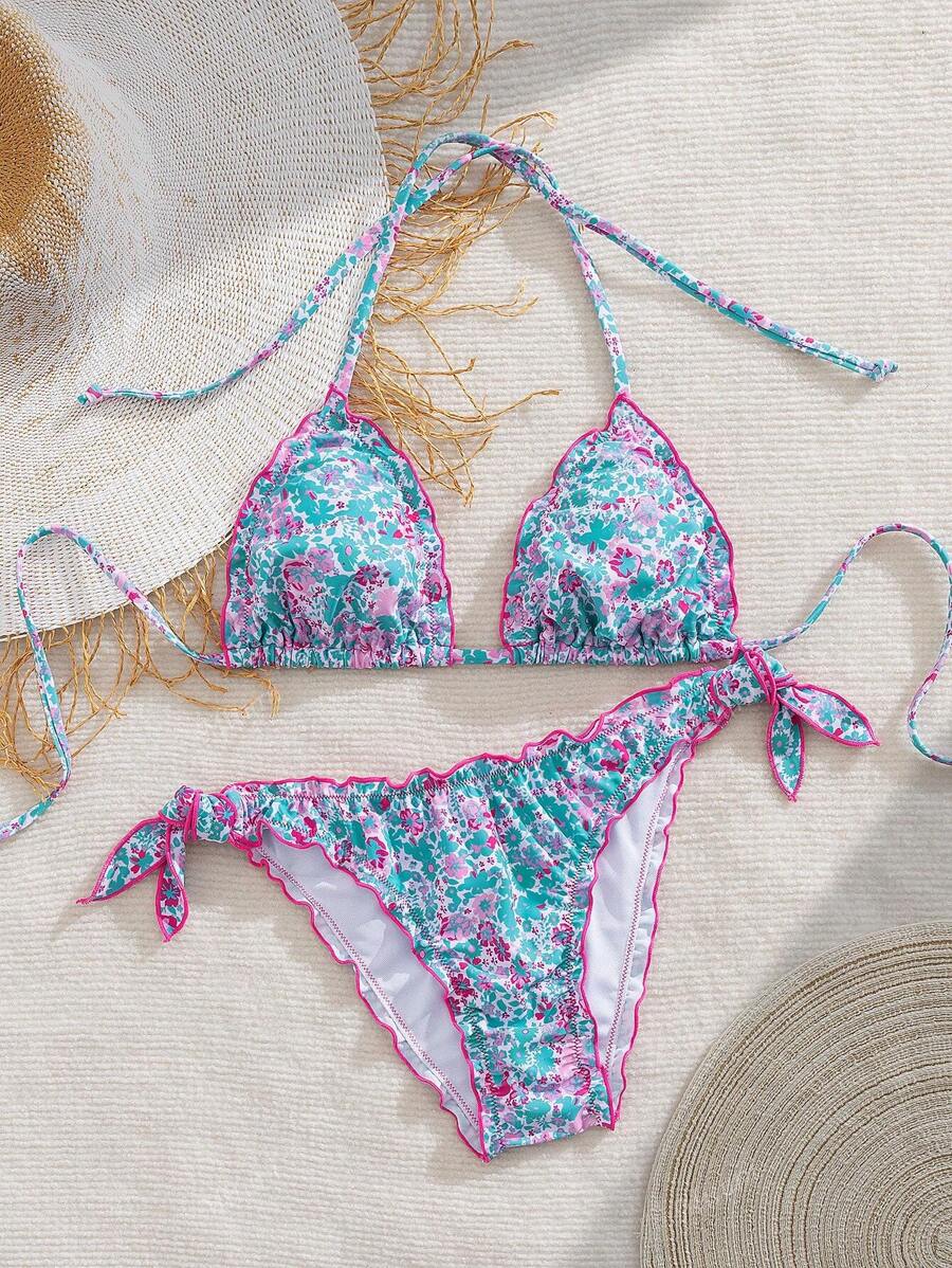 Çiçekli Dantel Pileli Bikini Takımı