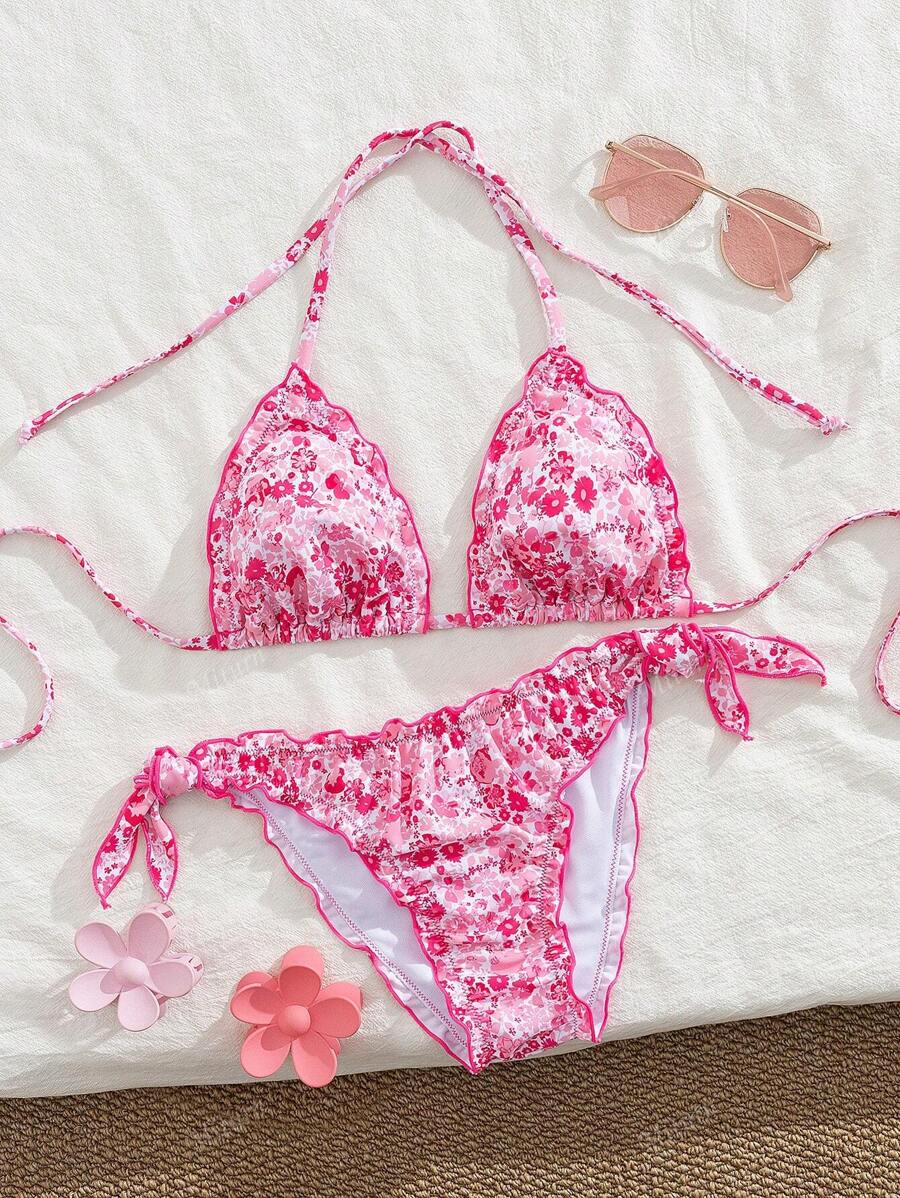 Çiçekli Dantel Pileli Bikini Takımı