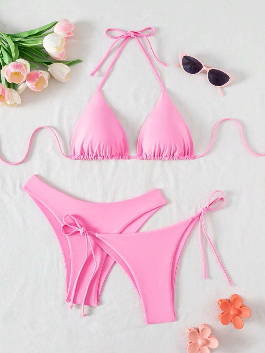 3 Parça Halter Üst + Üçgen Alt + Bağcıklı Şort Bikini Takımı