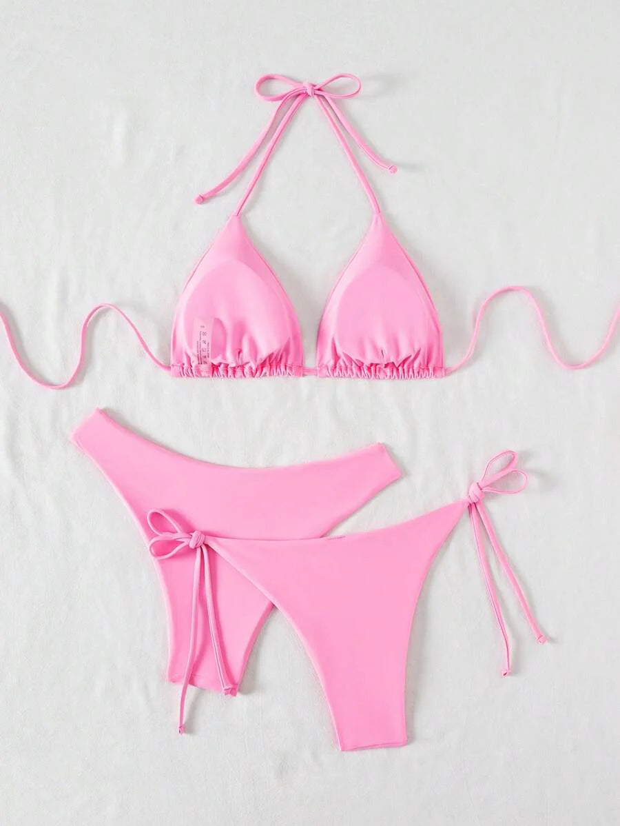 3 Parça Halter Üst + Üçgen Alt + Bağcıklı Şort Bikini Takımı