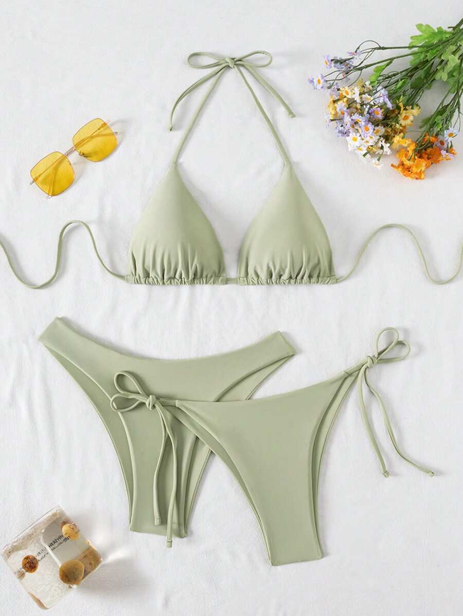 3 Parça Halter Üst + Üçgen Alt + Bağcıklı Şort Bikini Takımı