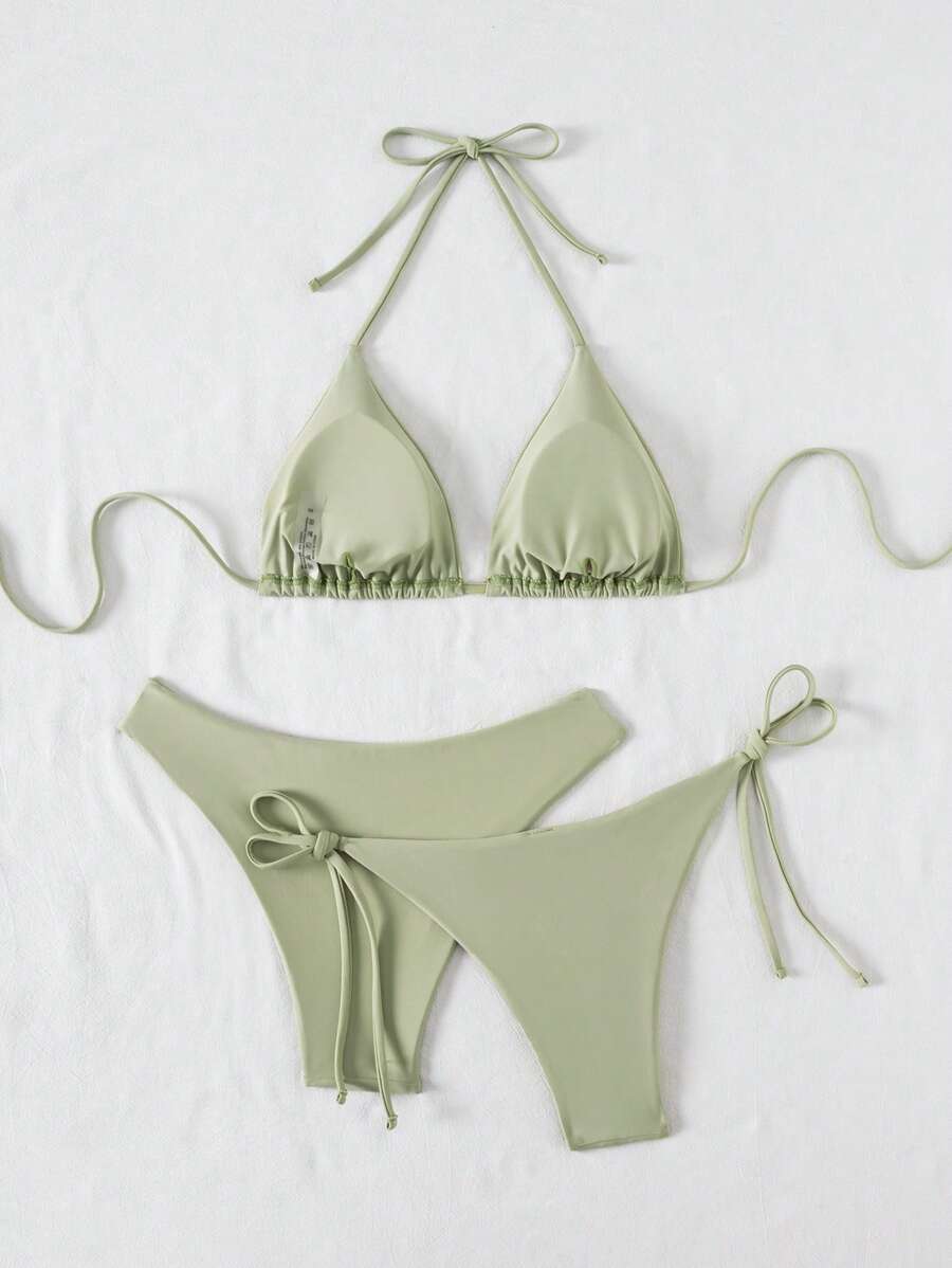 3 Parça Halter Üst + Üçgen Alt + Bağcıklı Şort Bikini Takımı