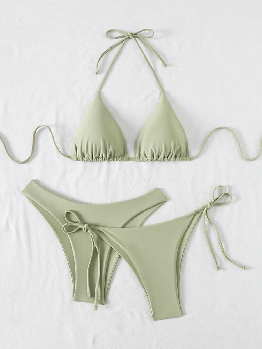 3 Parça Halter Üst + Üçgen Alt + Bağcıklı Şort Bikini Takımı
