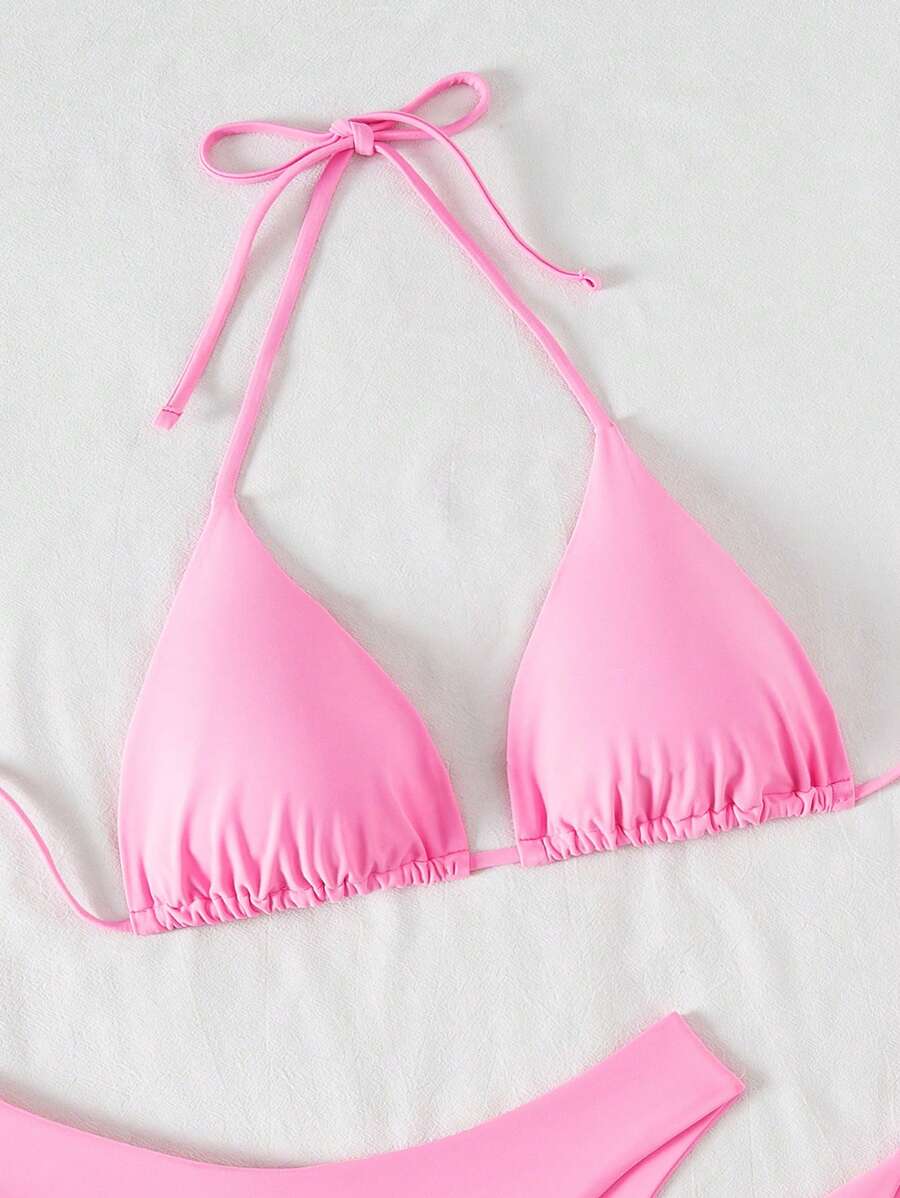 3 Parça Halter Üst + Üçgen Alt + Bağcıklı Şort Bikini Takımı