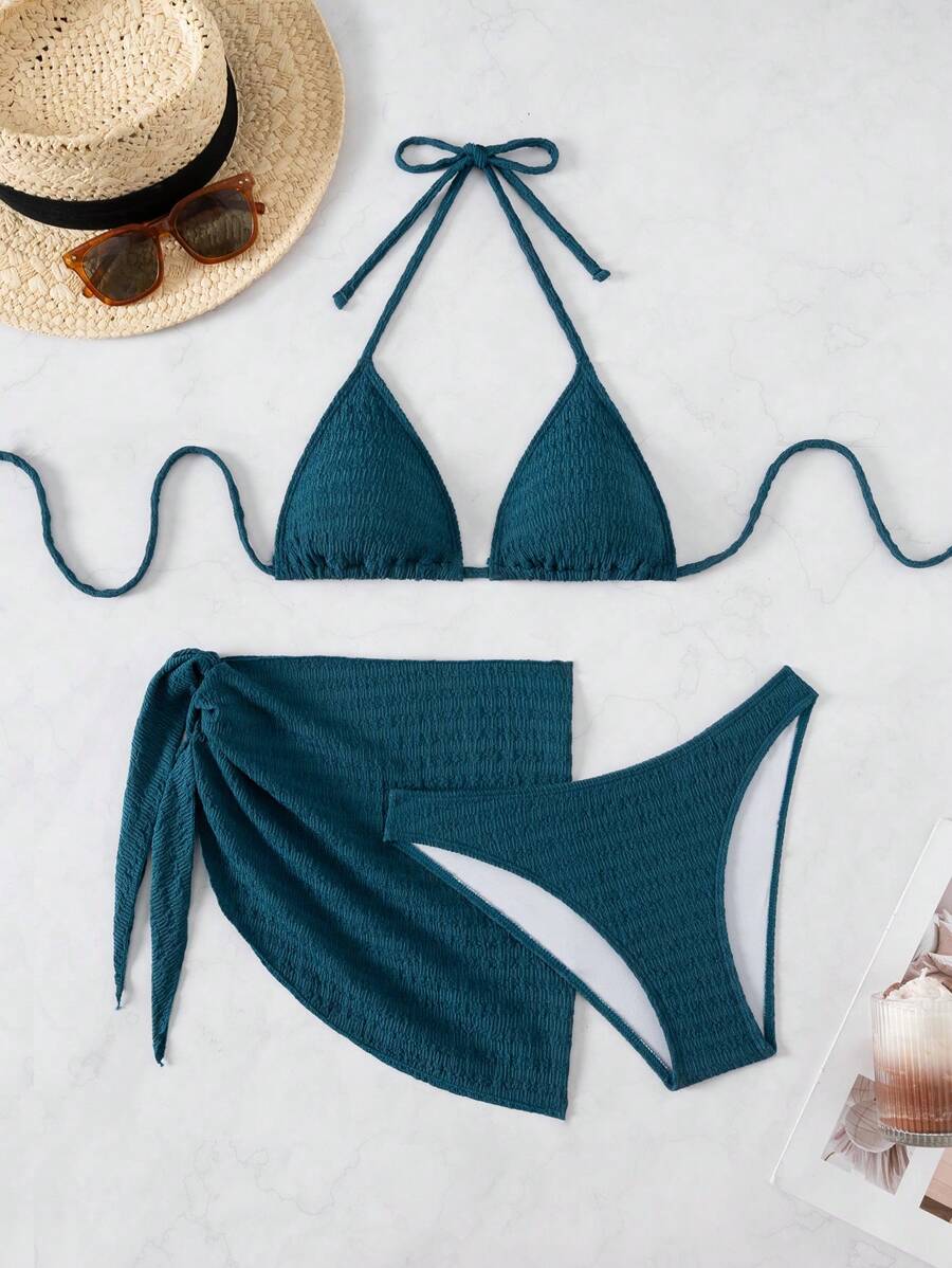 3 Parça Bikini Ve Düğümlü Mini Etek Takımı