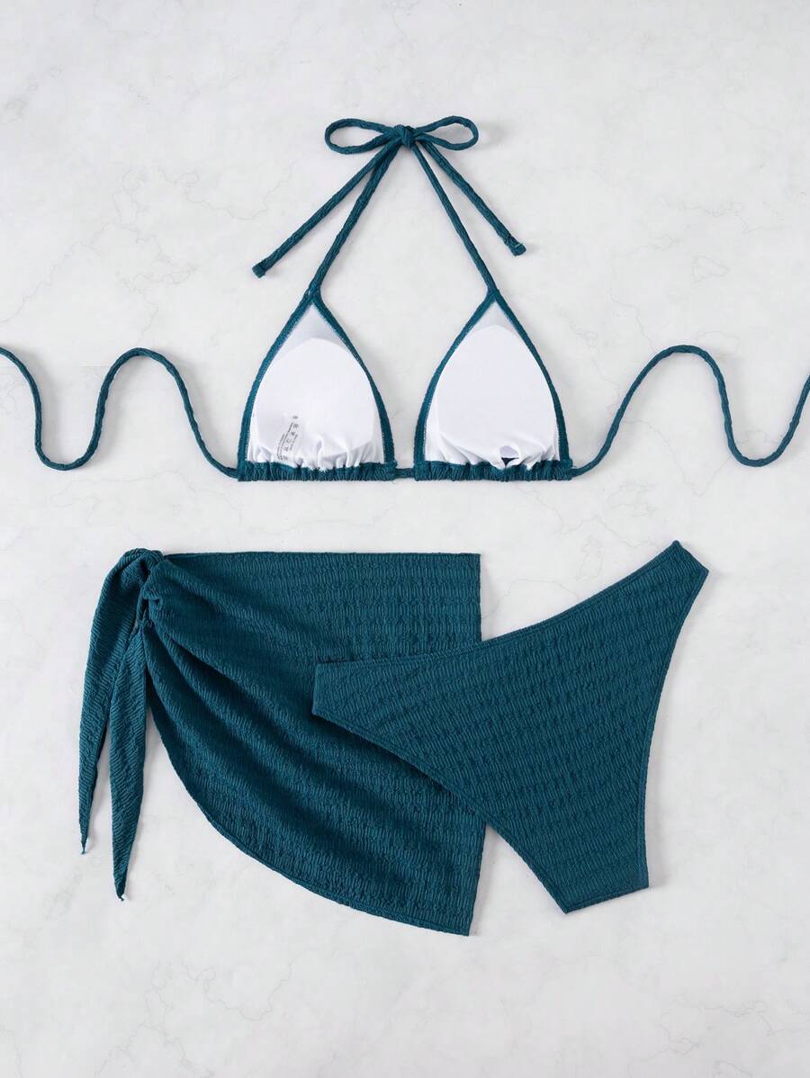 3 Parça Bikini Ve Düğümlü Mini Etek Takımı