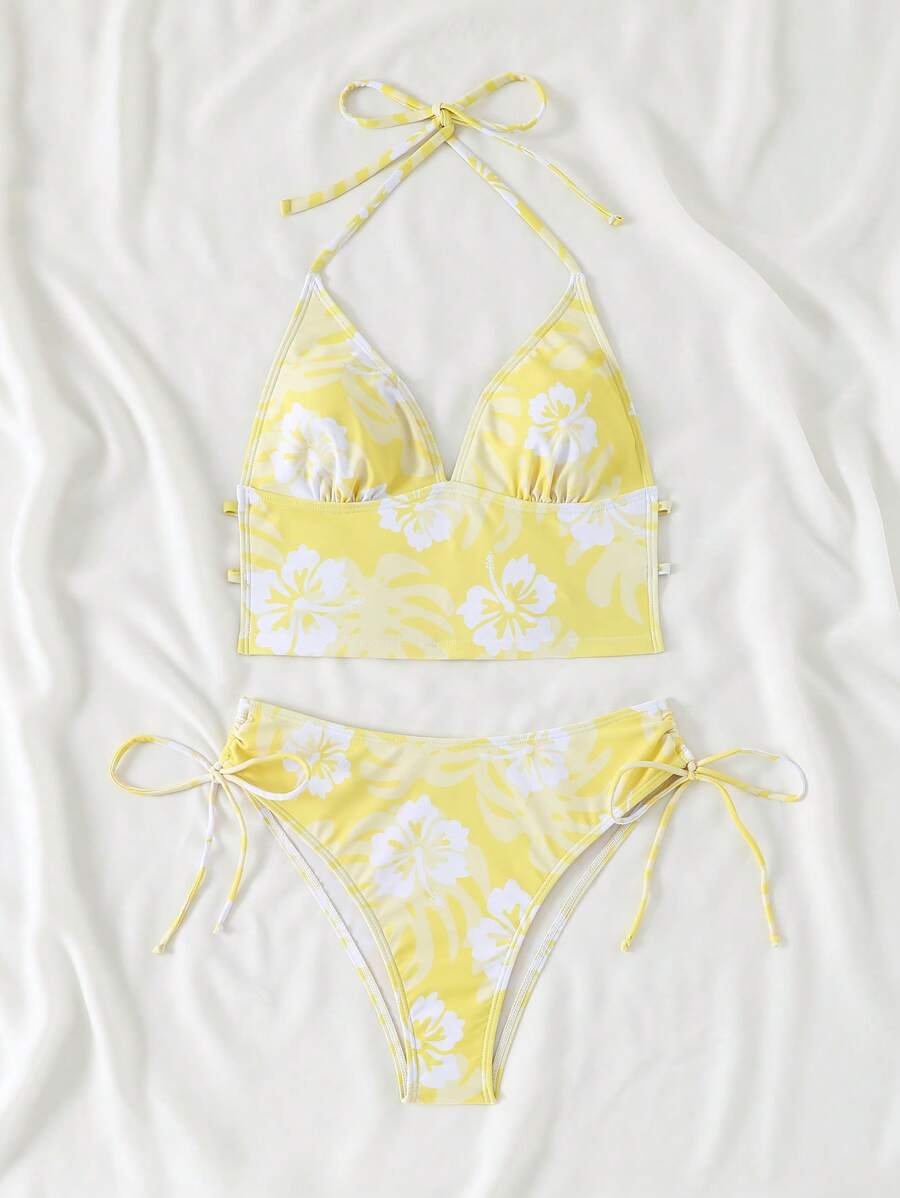Dantelli Çiçek Desenli Düğümlü Tankini Takımı