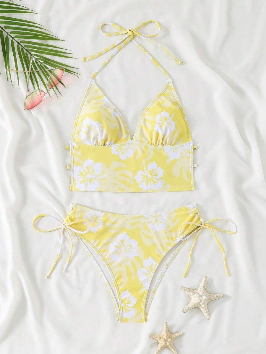 Dantelli Çiçek Desenli Düğümlü Tankini Takımı