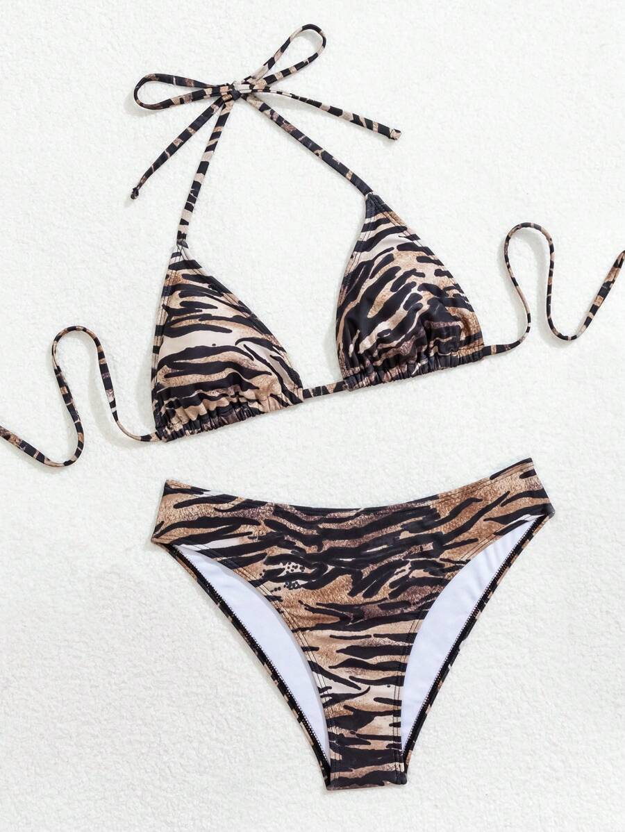 Çiçek Desenli Halter Bağcıklı Bikini Takımı