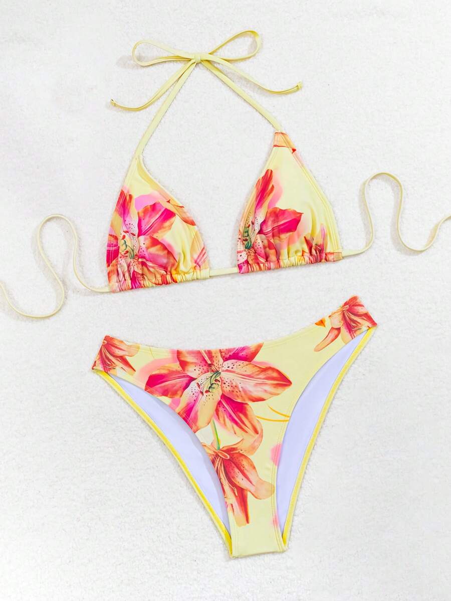 Çiçek Desenli Halter Bağcıklı Bikini Takımı