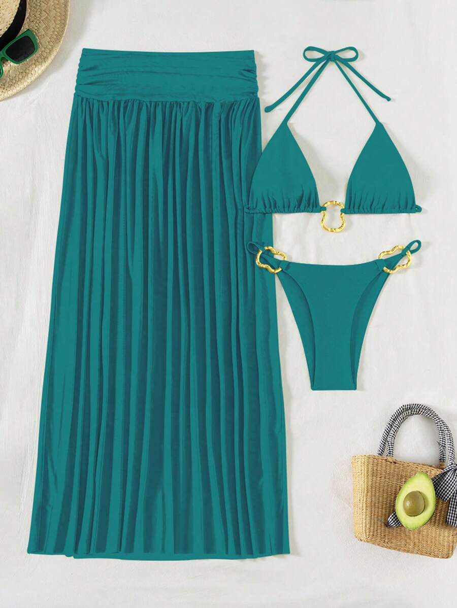 Parlak Kumaş Boyundan Bağlamalı Bikini, Asimetrik Halka Detaylı Uzun File Plaj Elbisesi