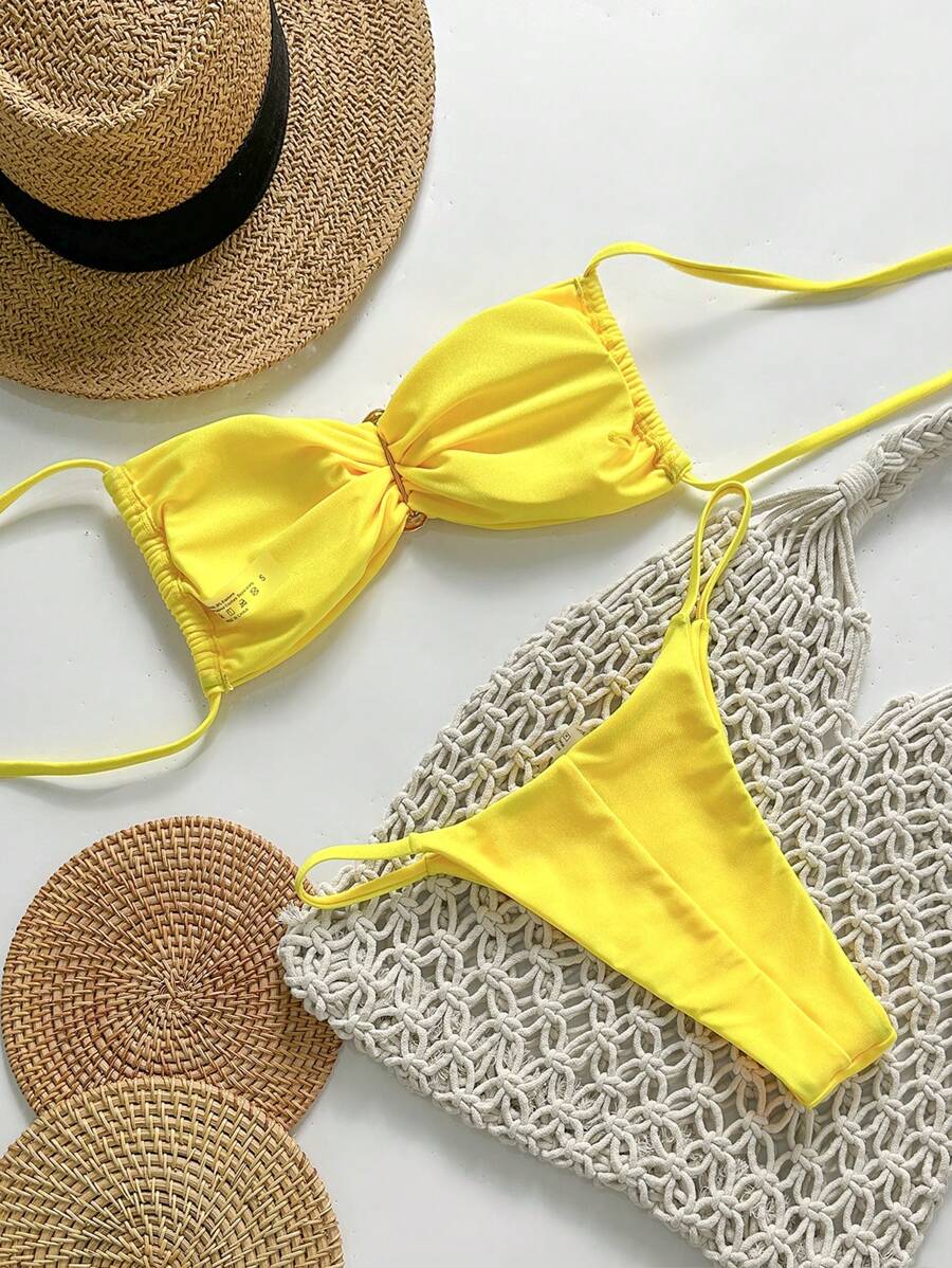 Pembe Straplez Bağcıklı Metal Detaylı Bikini Takımı