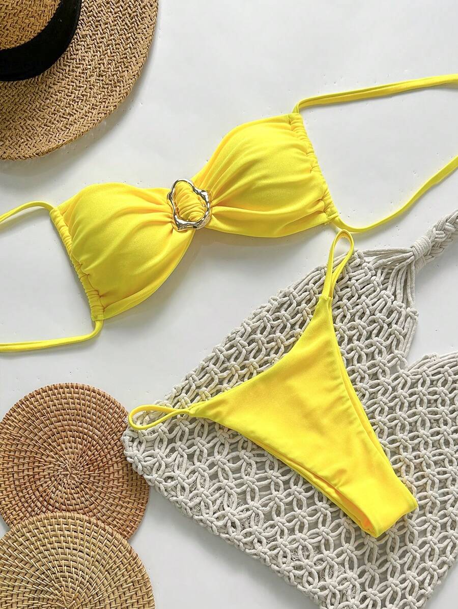 Pembe Straplez Bağcıklı Metal Detaylı Bikini Takımı