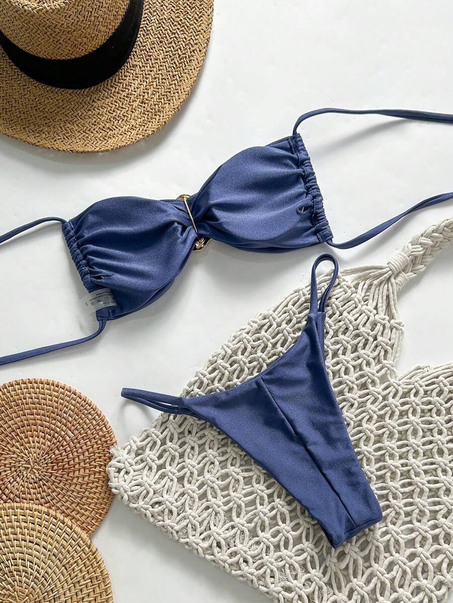 Pembe Straplez Bağcıklı Metal Detaylı Bikini Takımı