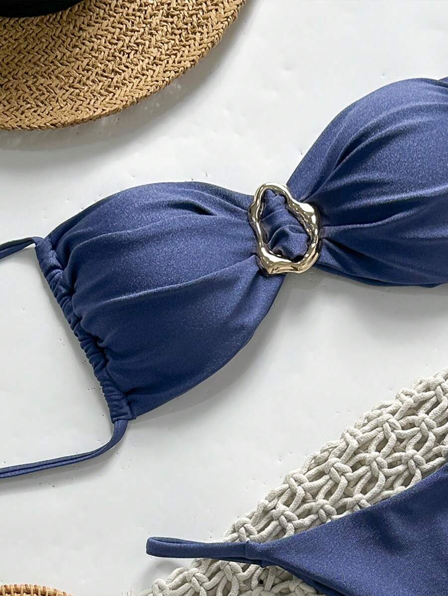 Pembe Straplez Bağcıklı Metal Detaylı Bikini Takımı