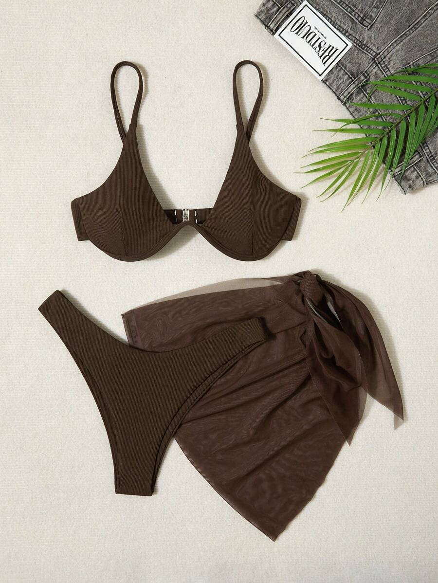 3'Lü Balenli Bikini Takımı Ve Örgü Plaj Eteği